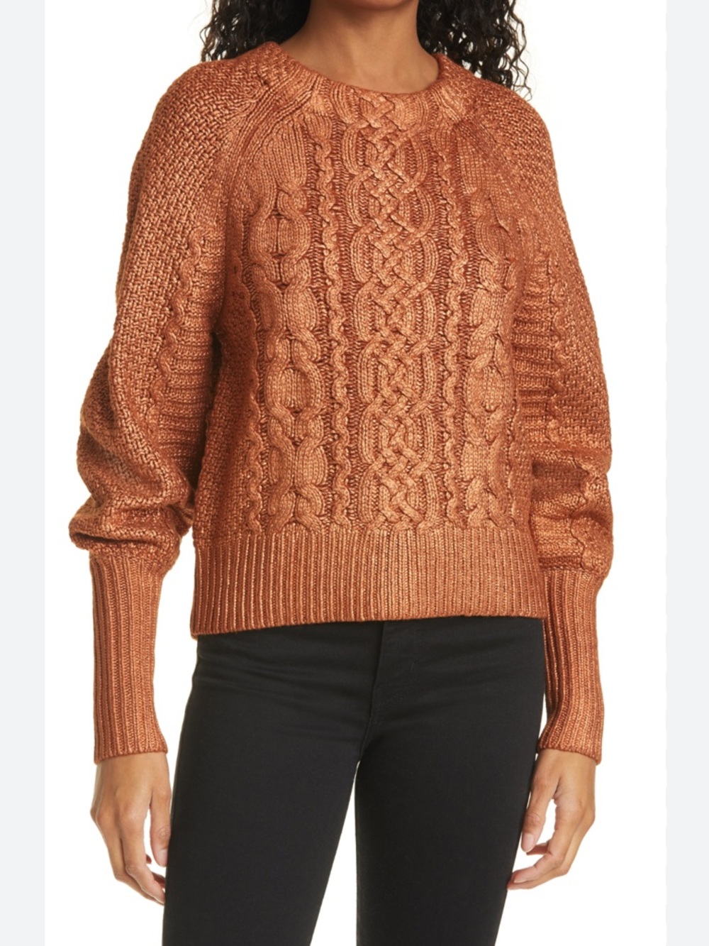Veronica Beard Copper Foil Finish Wool Blend Cable Knit Yola Sweater Top Sz. XL